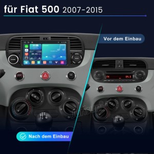Junsun Autoradio für Fiat 500 (2007-2015) im Vergleich: Originalradio vs. schwarzes Touchscreen-Autoradio mit Gestensteuerung.