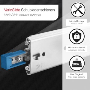 SOTECH Schwerlastauszug VarioSlide KV2-200-H76-1100 EH 1100 mm Zweihandverriegelung Einrastfunktion Blauer Hebel Schubladenschiene Belastbar Bis 200Kg