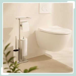 Relaxdays WC-Garnitur aus Edelstahl mit Ablage, silberfarben. Inkl. Toilettenbürste und Papierhalter.