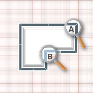 Illustration eines Raumes mit Zierprofilen, Details in Vergrößerung (A, B). Decorate Zierprofil-Set.