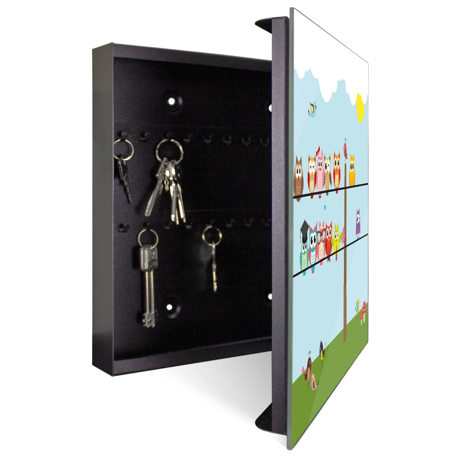 Offener, schwarzer Banjado Schlüsselkasten 30x30 mit Eulen Motiv auf Glastür, 50 Haken.
