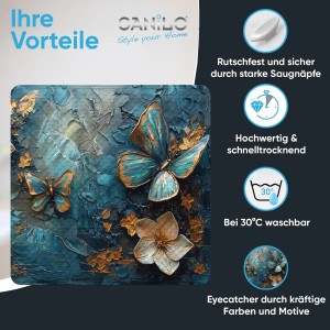 SANILO Badematte Mariposa mit blau-goldenen Schmetterlingen und Blüten als rutschfestes Badewannen-Zubehör.