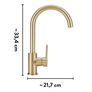 Küchenarmatur baliv KI-1833 in Gold mit hohem, gebogenem Auslauf und seitlichem Hebel.