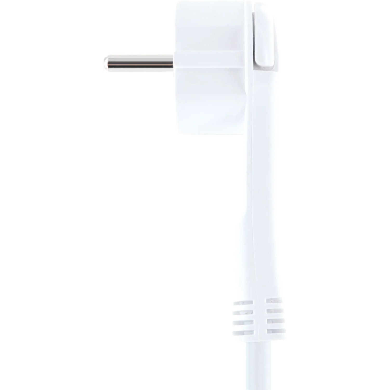 Detailaufnahme des weißen Schwaiger Steckers der 6-fach Steckdosenleiste mit rotierbarem Kabel.