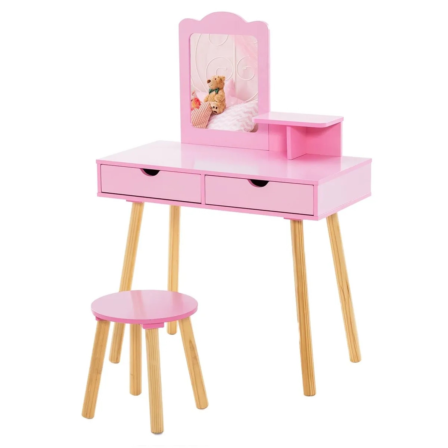 Costway Kinder Schminktisch Set 2 In 1 mit Spiegel & 2 Schubladen Rosa günstig online kaufen
