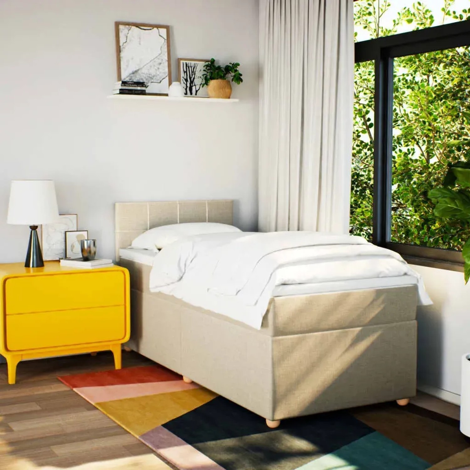 Cremefarbenes vidaXL Boxspringbett 80x200 cm mit Matratze im Schlafzimmer.