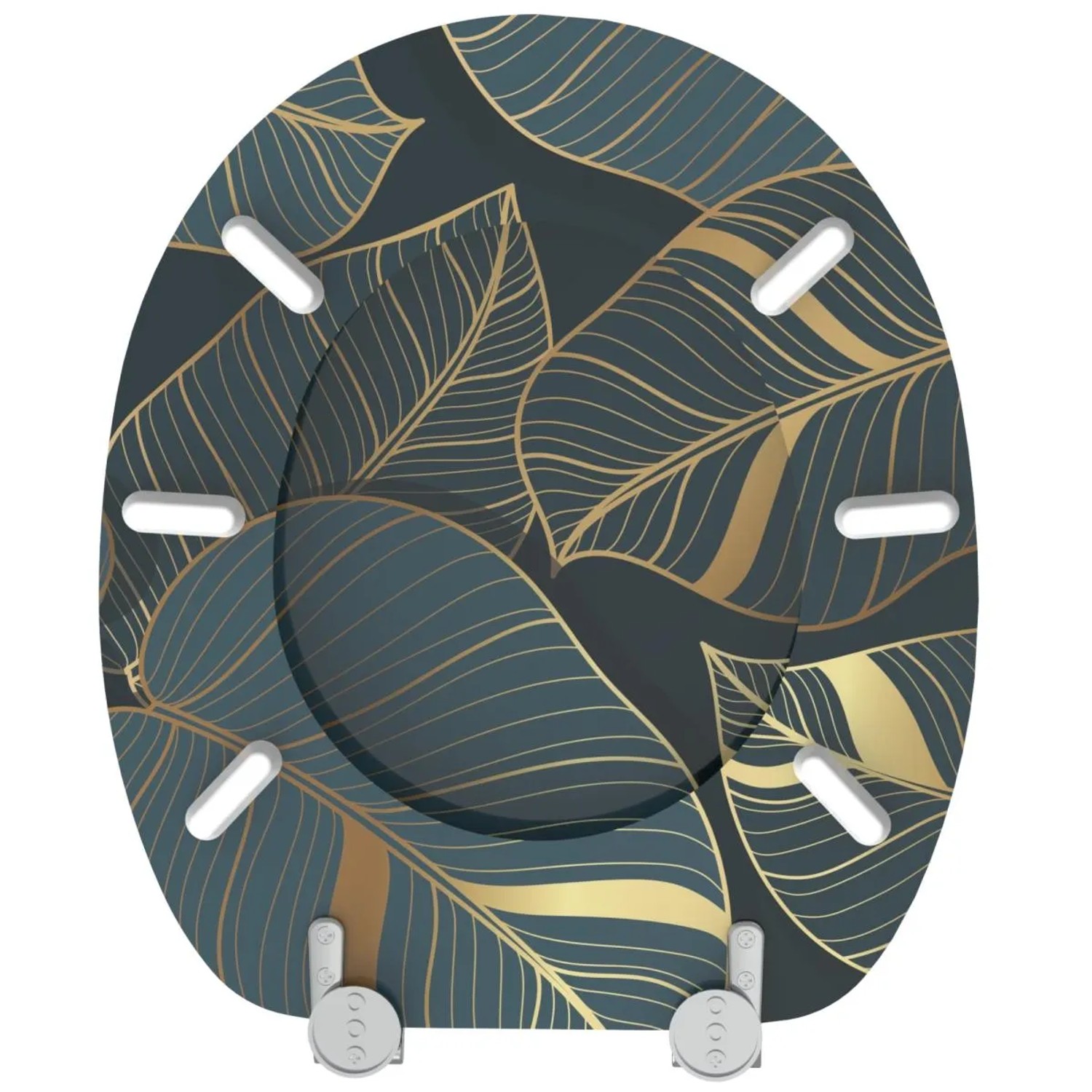SANILO WC-Sitz Monstera aus Holz, Toilettendeckel mit Blattmuster in Gold und Grün.