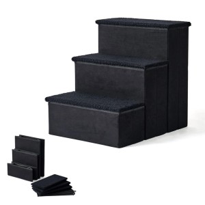Schwarze faltbare Hundetreppe mit 3 Stufen aus MDF/Polyester, mit Stauraum. Ideal als Aufstiegshilfe für Haustiere.