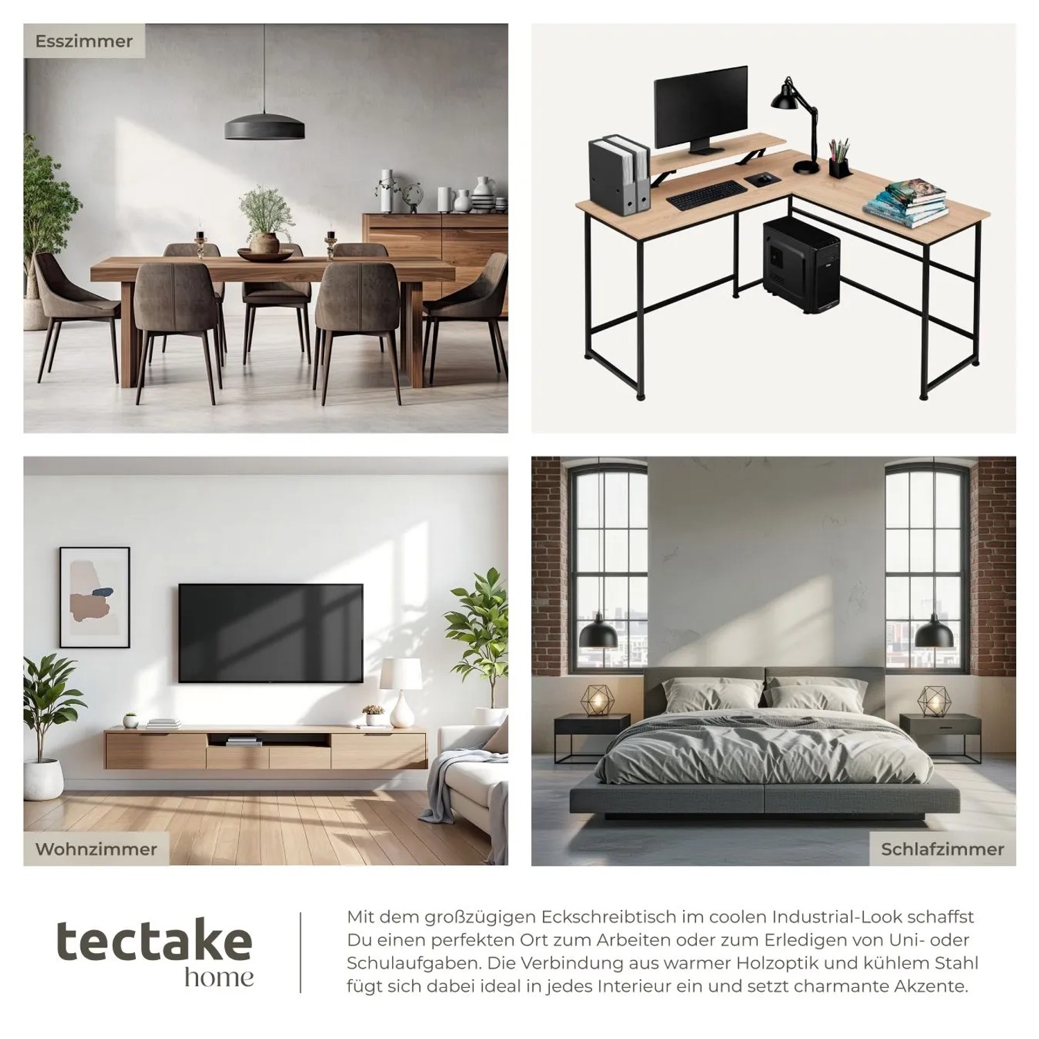 Tectake Eckschreibtisch Melrose im Industrial Style mit Holz und Stahl, Eiche Sonoma Optik.