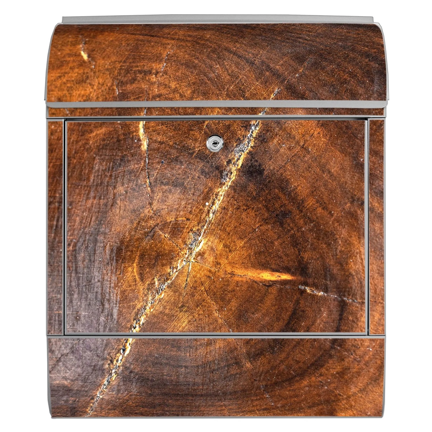 Banjado Design Briefkasten Silber Pulverbeschichtet 39x47x14cm 2 Schlüssel Mit Zeitungsfach Motiv Holzring mit Rissen_8