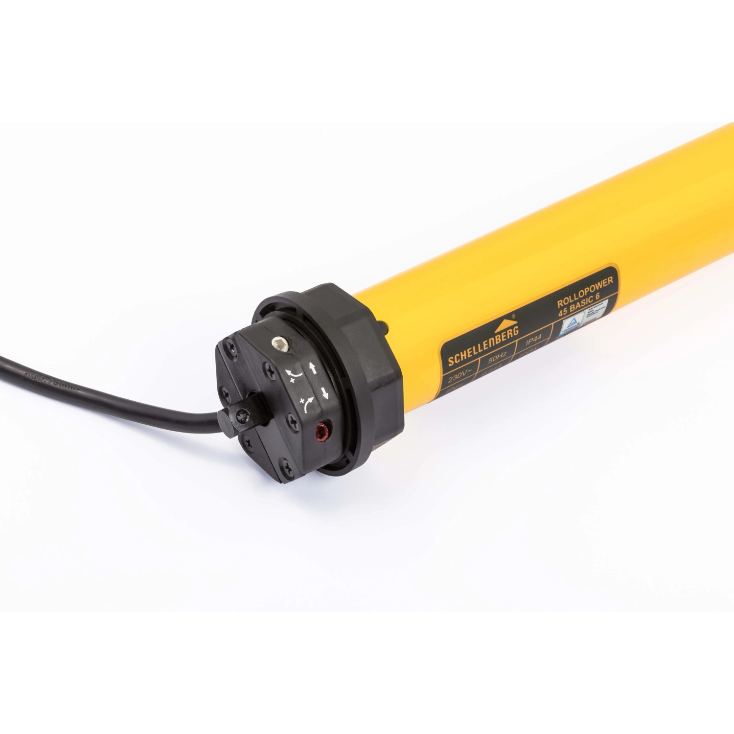 Schellenberg Rollladenmotor Action Maxi 6 Nm, gelber Rohrmotor mit schwarzem Anschlussstück.