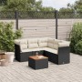 Schwarze vidaXL Garten-Sofagarnitur aus Rattan mit Tisch und cremefarbenen Kissen.