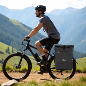 Schwarze Wiltec Gepäckträgertasche 25L am Fahrrad auf Bergpfad. Vielseitige Fahrradtasche, auch als Rucksack nutzbar.