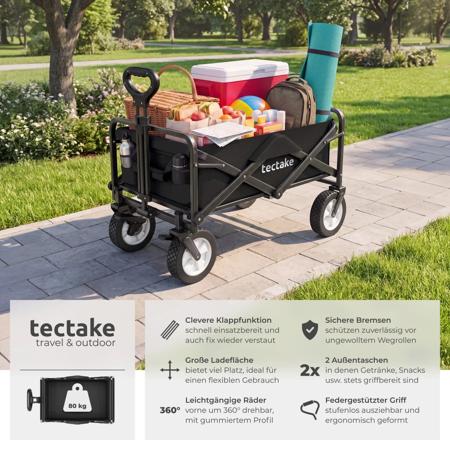 Tectake Bollerwagen Leon Faltbar Mit Bremsen und Gummierten Kunststoffrädern 91 x 53 50 x 101 cm Schwarz_2