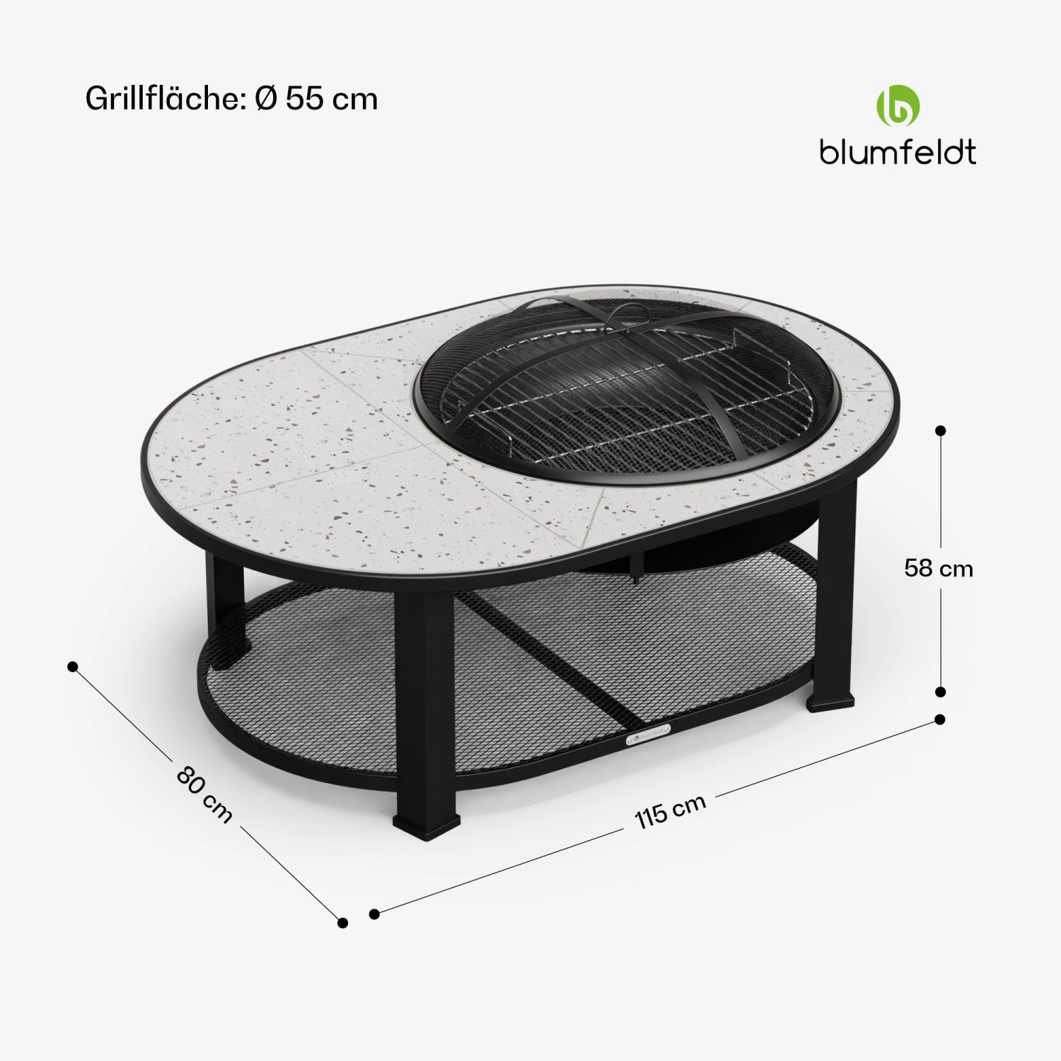 Blumfeldt Merano Circolo L Feuerschale mit Grillfunktion und Tischplatte aus Terrazzo, 122x87 cm.