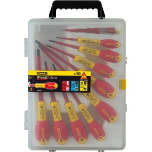 Stanley FatMax VDE Schraubendreher Set, 10-teilig, mit Schlitz, Kreuzschlitz und Spannungstester im Koffer.