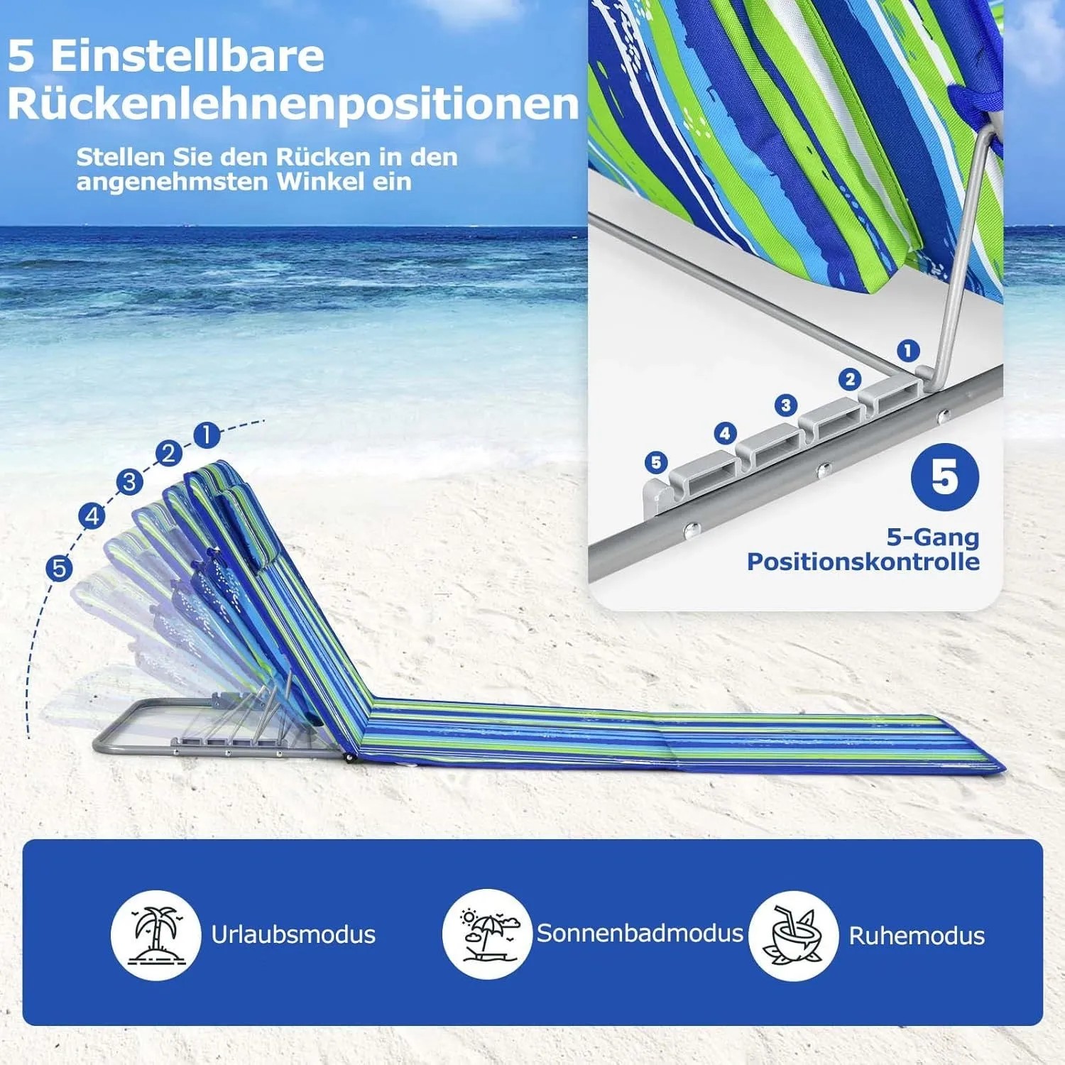 Costway Strandmatte 2er Set grün mit Tisch und Kopfkissen, 5-fach verstellbar.
