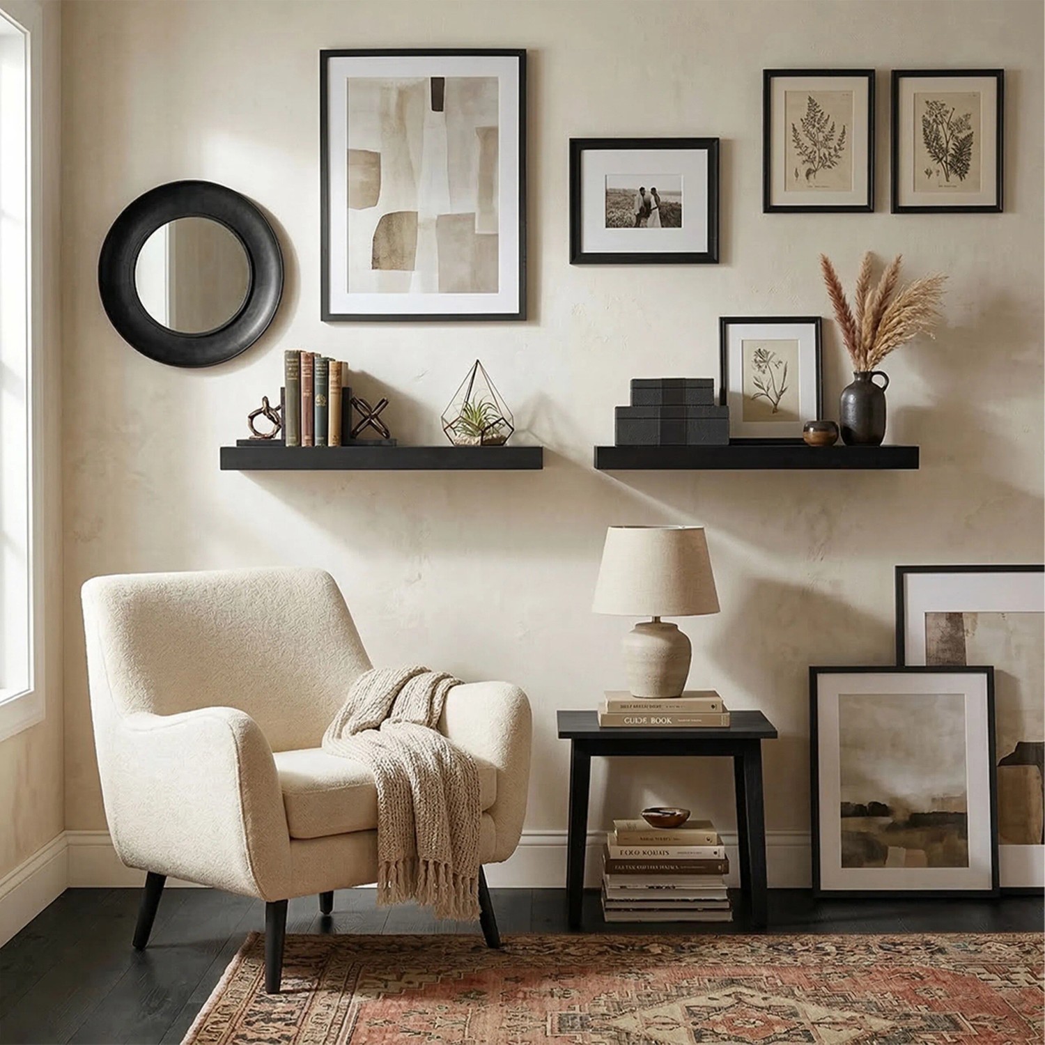 Modernes schwarzes MDF Wandregal mit Metallhalterung, dekoriert mit Büchern und Pflanzen im Wohnzimmer.
