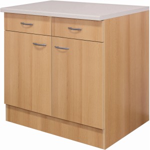 Flex-Well Küchenunterschrank Nano, 100 cm, Buche Nachbildung mit Schubladen und Drehtüren.