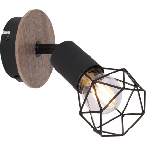 Globo Spot Xara I: Schwarzer Metall-Spot mit Holzdetails und Gitter-Lampenschirm.