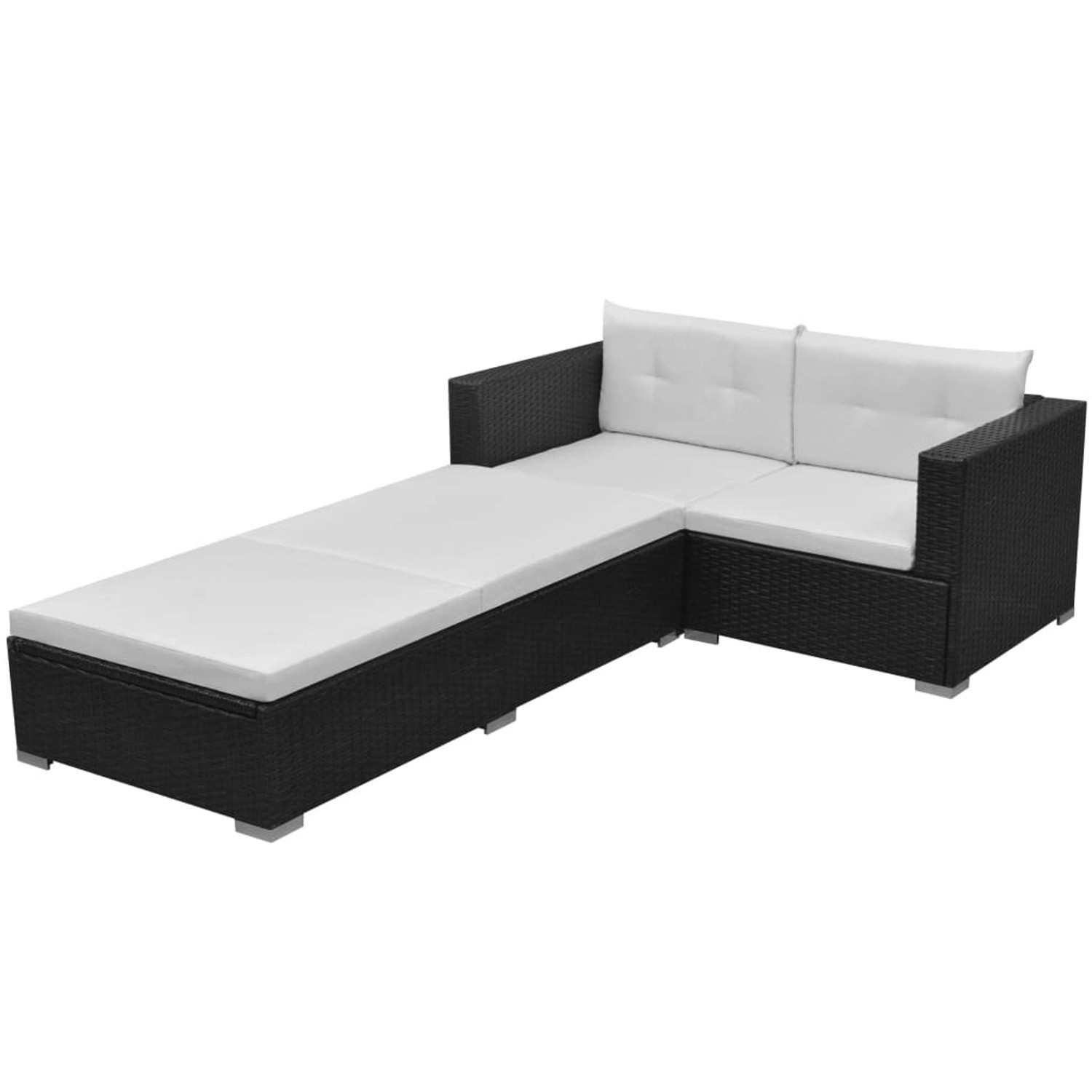 Schwarzes 3-tlg. Garten-Lounge-Set aus Polyrattan mit cremeweißen Auflagen.