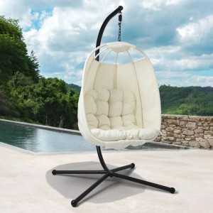 Beiger Svita Nelly Hängesessel mit schwarzem Gestell für Garten oder Terrasse.