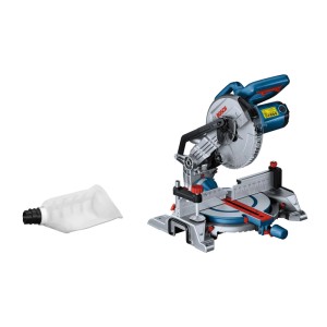 Bosch Professional GCM 216 Kapp- und Gehrungssäge mit Zubehör, wie Staubbeutel und Tischverlängerung.