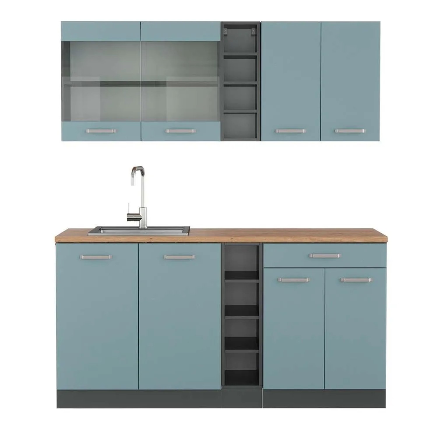 Vicco R-Line Singleküche Blau-Grau Anthrazit 160 cm AP Eiche ohne E-Geräte