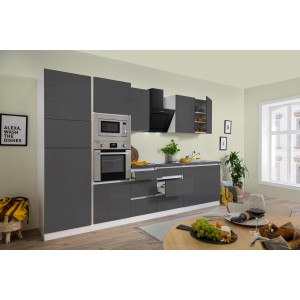 Respekta Premium Küchenzeile, 335 cm, Grau Hochglanz/Weiß, mit E-Geräten.