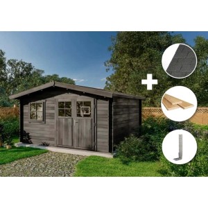 Graues Alpholz Gartenhaus Set Valeria-28 mit Dacheindeckung und Fußboden.
