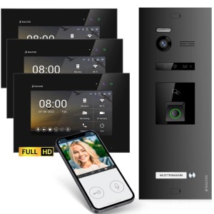 Balter EVO-HD Video-Türsprechanlage Set mit 3 Monitoren, Fingerprint, App und Türstation in Schwarz.