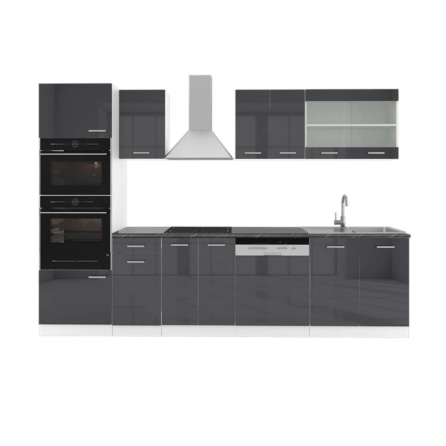 Vicco R-Line Küchenzeile Anthrazit Hochglanz/Weiß 300 cm mit HochschrankAP günstig online kaufen