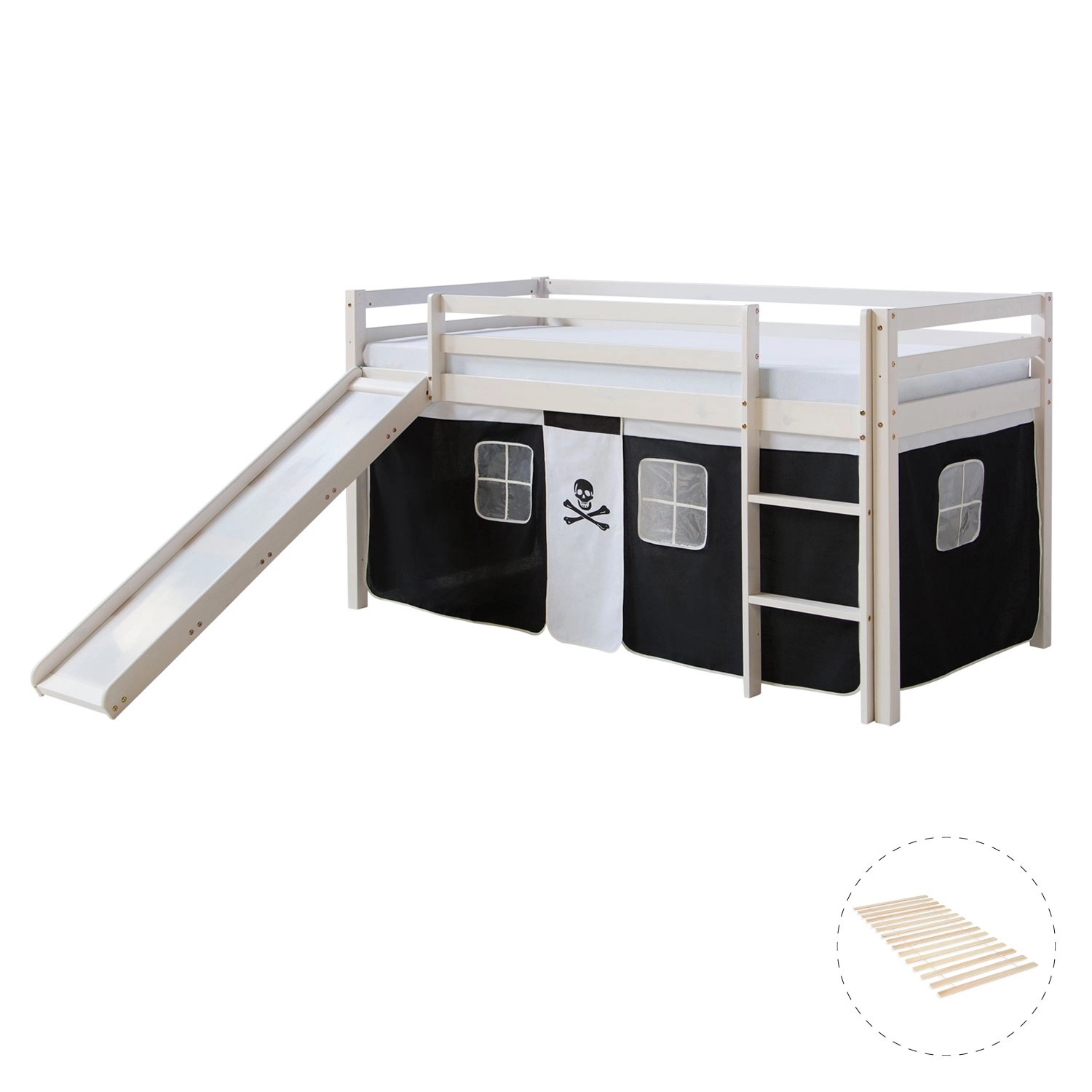 Homestyle4u Hochbett 90x200 mit Vorhang Lattenrost Rutsche in Weiß Pirat 2540