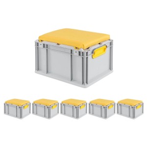 SparSet: 6 graue Euroboxen mit gelbem Sitzkissen, 20 Liter. Ideal als Sitz- und Transportbox.