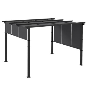 Dunkelgraue Furnicato Pergola 3x3,5m mit Sonnenschutz und Befestigungsmaterial.