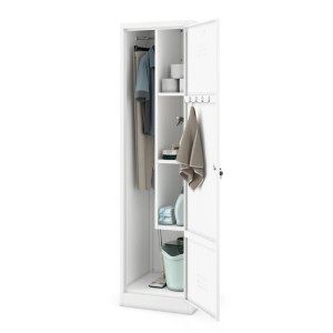 Weißer JAN NOWAK Besenschrank AGNES (185x50x50cm) mit geöffneter Tür und diversen Haushaltsutensilien.