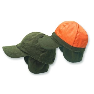 Scheibler Workwear Fleececap Hunter in Oliv und Orange, Arbeitskleidung mit Ohrenwärmer.