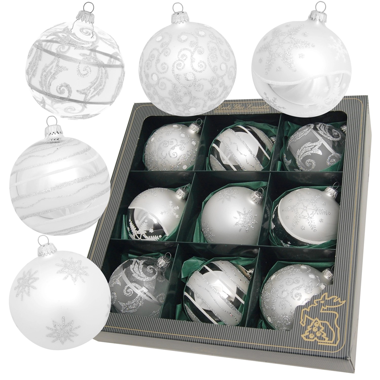 Krebs Glas Lauscha Weihnachtskugeln Schneeflocken Silber 9er Set 8cm günstig online kaufen