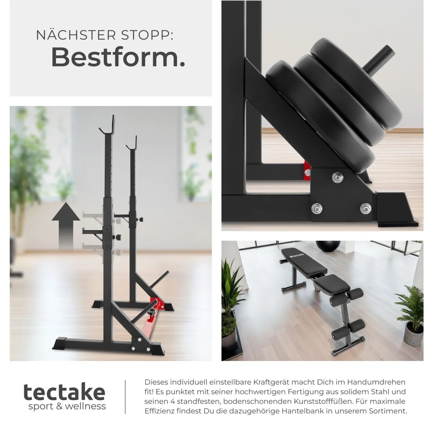 Tectake Squat Rack Apollo, multifunktional, schwarz, mit Hantelscheiben und Hantelbank im Hintergrund.