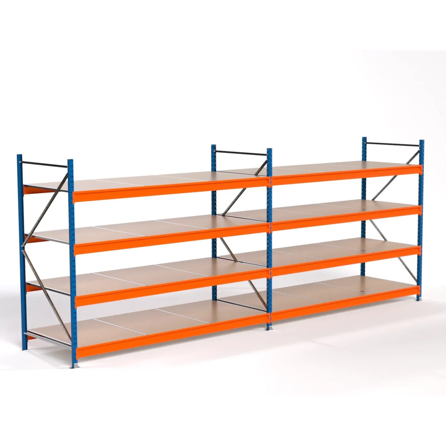 PROREGAL Industrie Weitspannregal Lagerregal MAXIMUS PRO Komplettregal 2 Felder HxBxT 200x500x100cm 4 Spanplatten-Fachboden Fachlast 530kg Blau/Orange