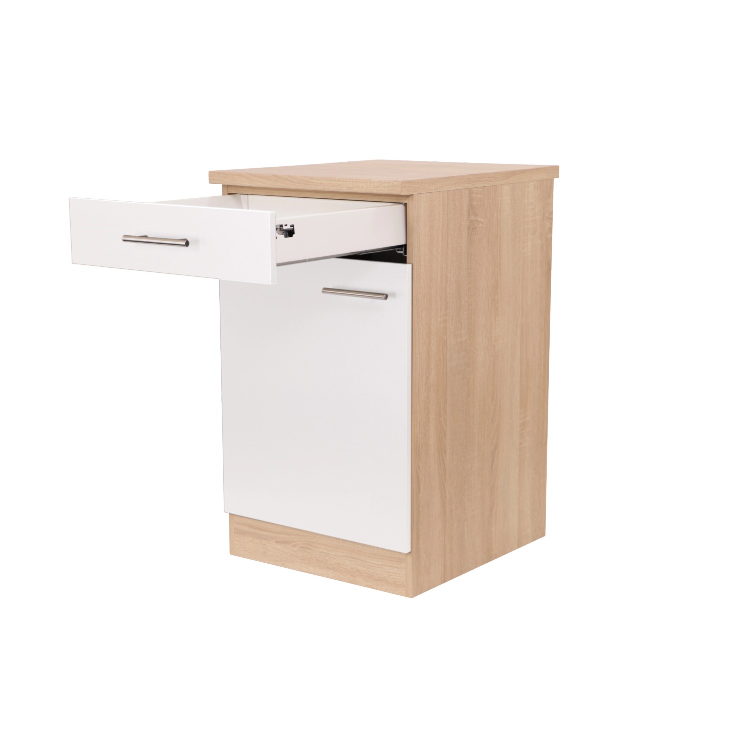 Respekta Unterschrank Merle, 50 cm, Weiß mit Schublade und Tür in Holzoptik. Küchenunterschrank für modulare Küchen.