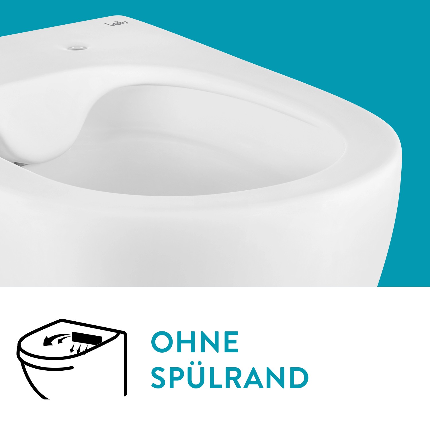 Detailaufnahme: Weißes, spülrandloses baliv Wand WC-Set Kingston Tiefspüler.