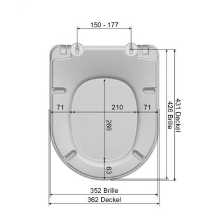 Maßzeichnung des weißen MKW WC-Sitzes DARIO BASIC für Villeroy & Boch O.Novo. Zeigt Abmessungen und Scharnierabstände.