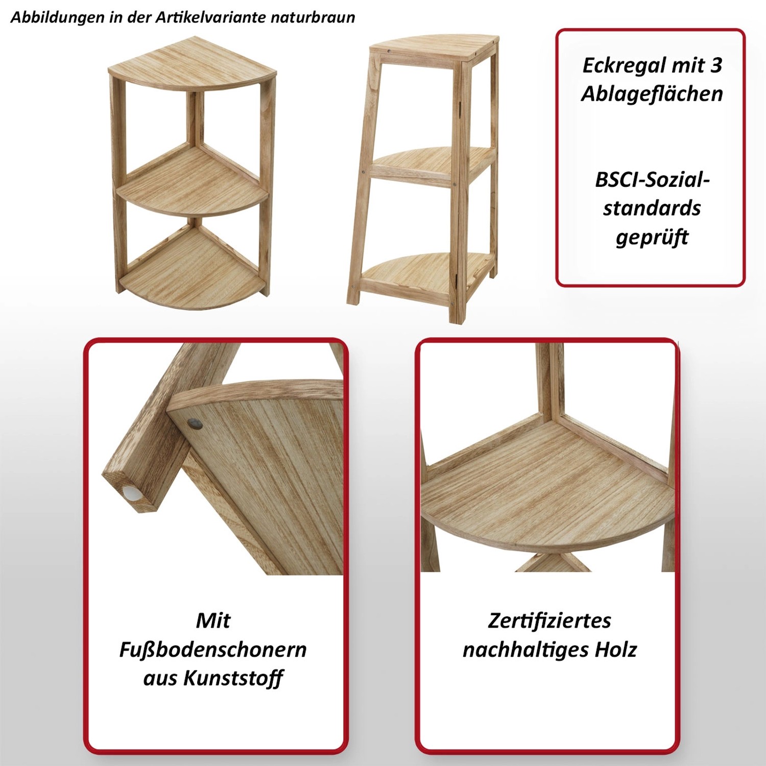 MCW Eckregal K44 naturbraun: Wandregal mit 3 Ablageflächen aus Holz für die Ecke.