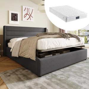Graues Polsterbett 160x200 mit Stauraum, Matratze und Lattenrost.