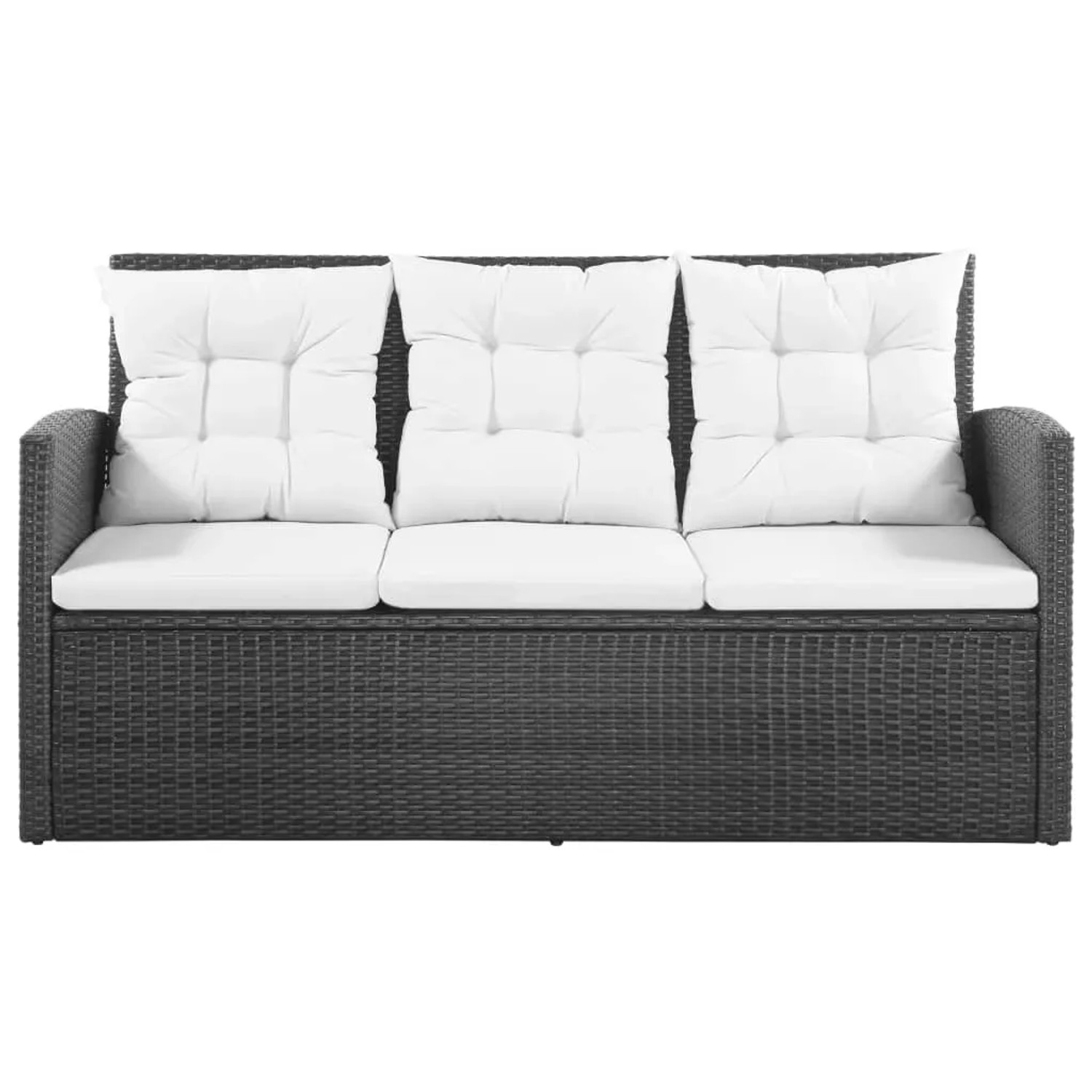 Schwarzes 3-Sitzer Gartensofa aus Rattan mit weißen Auflagen, Teil des vidaXL Lounge-Sets.