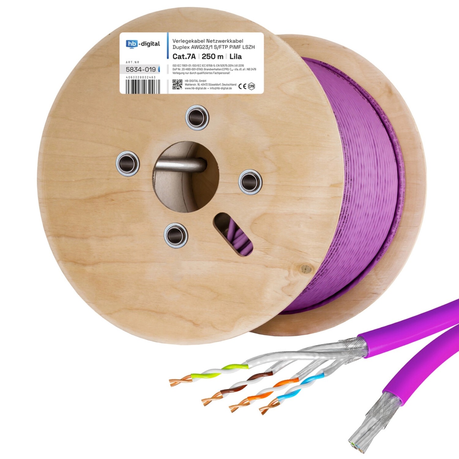 hb-digital CAT 7a Verlegekabel Duplex Installationskabel max. 1200 MHz S/FTP AWG23 LSZH 250m lila