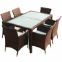 7-teilige Garten-Essgruppe aus braunem Rattan mit Tisch, 6 Stühlen und cremeweißen Auflagen.