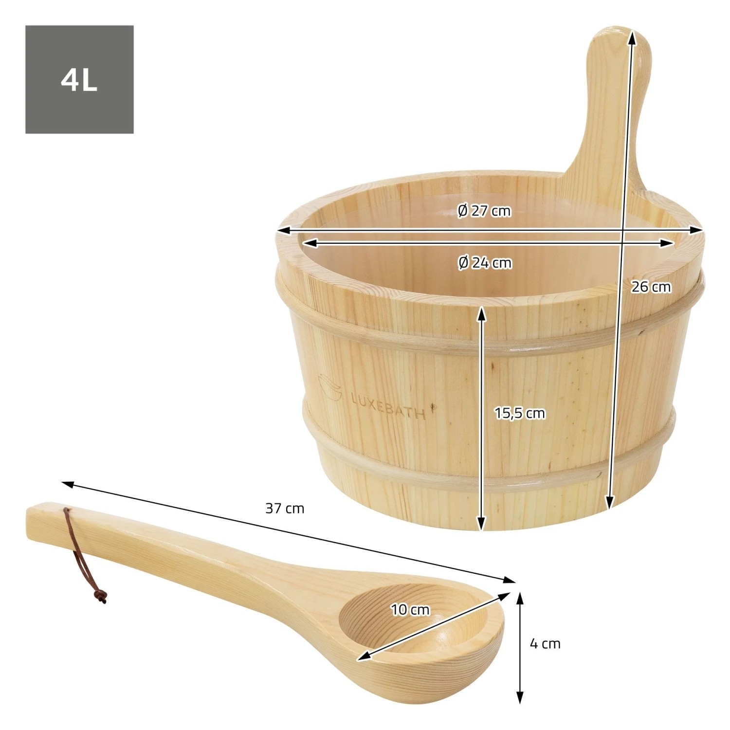 LuxeBath Saunazubehör Set 2 Teilig aus Massivem Kiefernholz Aufgusskübel und Schöpfkelle_6