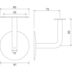 Maßzeichnung des SCHÖSSWENDER Handlaufträgers mit Winkel, Edelstahl matt, 75 mm Wandabstand.